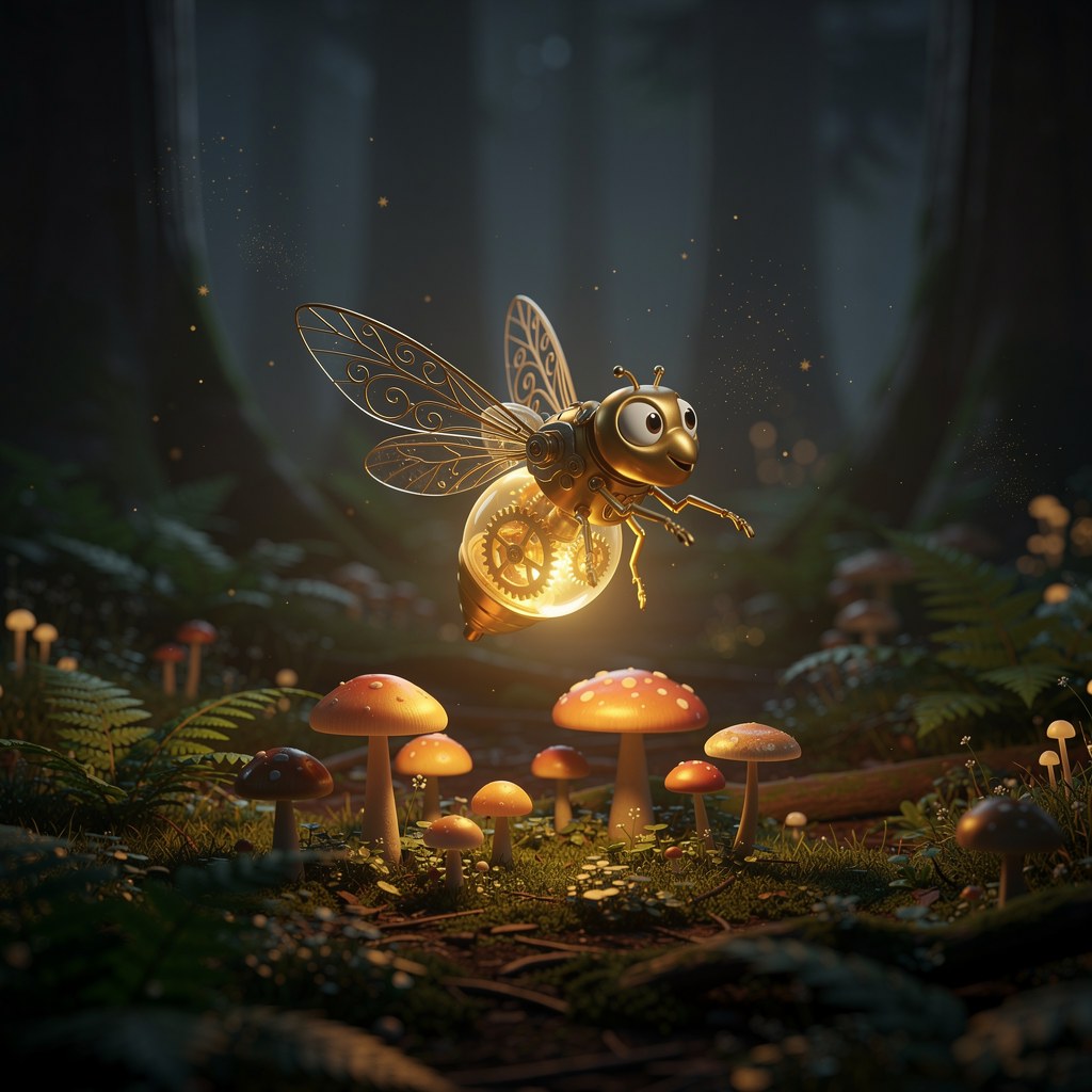 Пример FLUX.2 Pro: стилизованная 3D-иллюстрация механического светлячка над ночным лесом с грибами