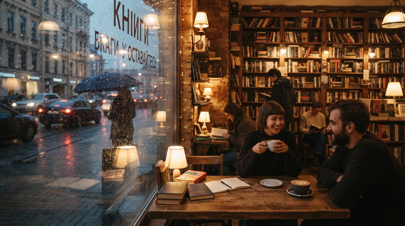 Пример GPT Image: атмосферная сцена — книжная лавка-кофейня дождливым вечером с тёплым светом