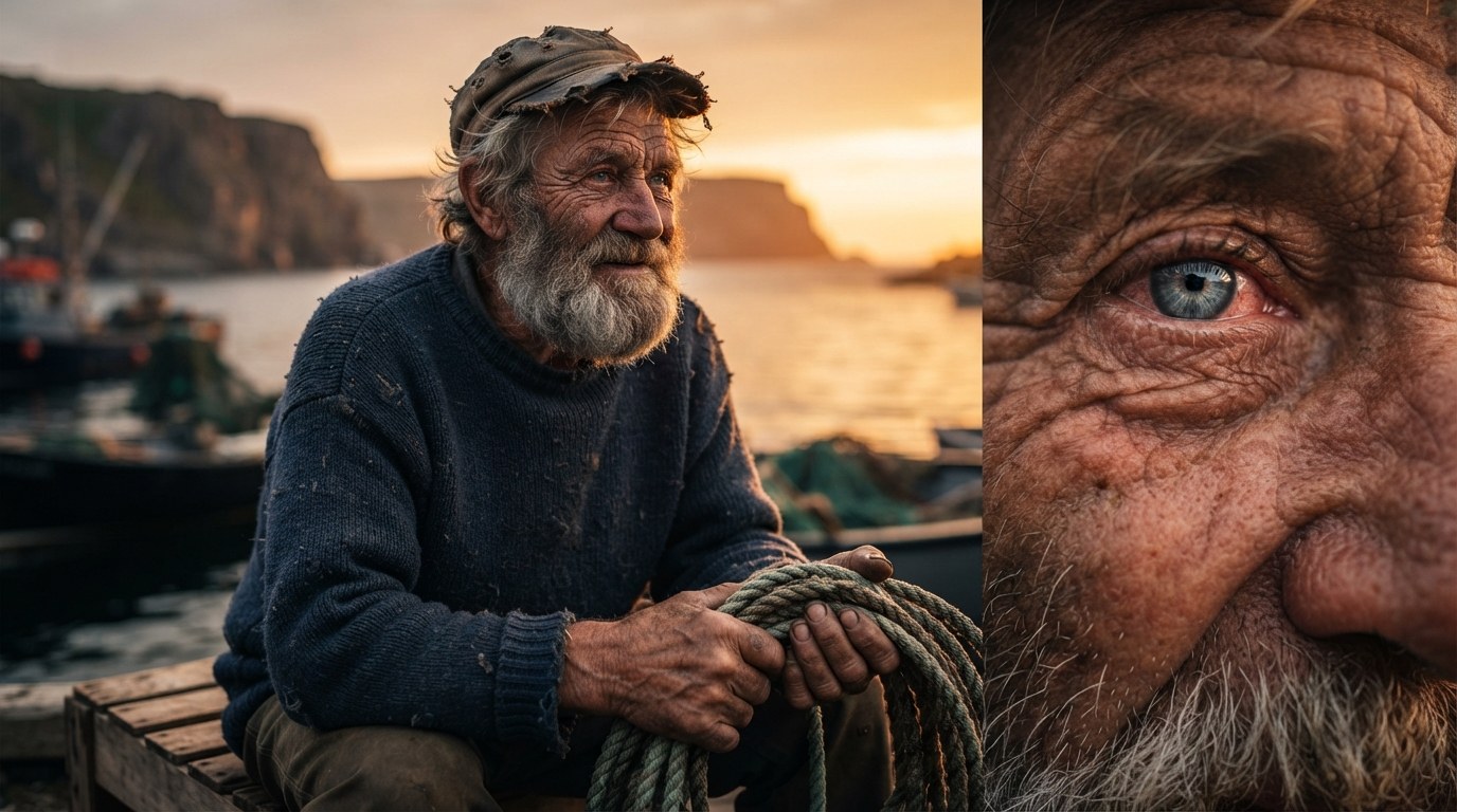 Пример GPT Image: гиперреалистичный портрет пожилого рыбака у моря на закате с детализацией кожи и глаз